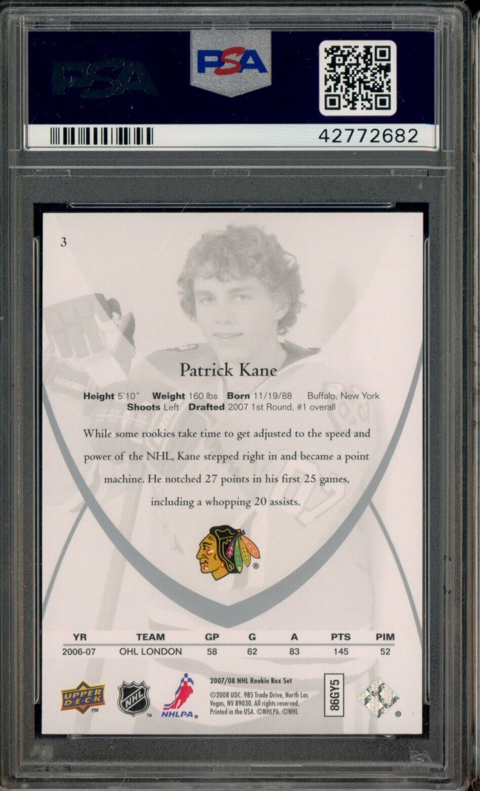 2007 Upper Deck Rookies Class #3 Patrick Kane Blackhawks RC ROOKIE - PSA 8.5