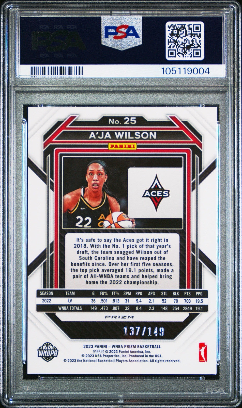 2023 Panini Prizm WNBA - A'ja Wilson #25 - Purple /149 - PSA 9 - PURPLE /149