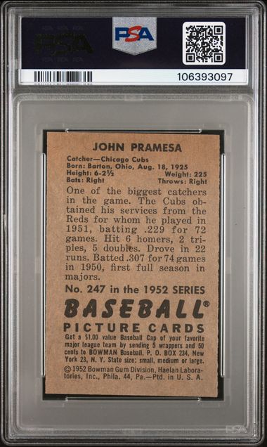 1952 Bowman - John Pramesa #247 - Chicago Cubs - PSA 4