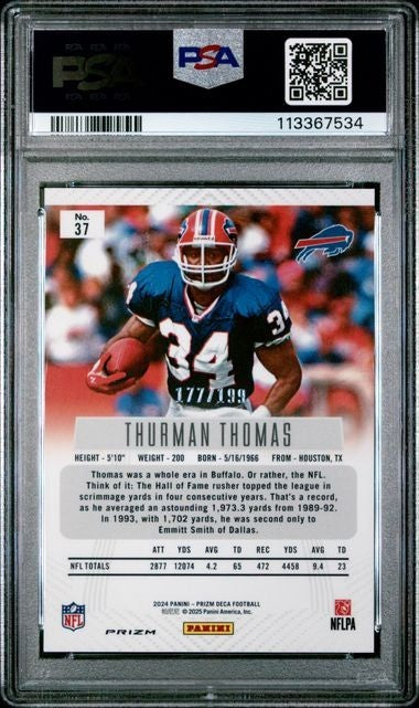 2024 Panini Prizm DECA - Thurman Thomas #37 - Red /199 - HOFer - PSA - RED /199