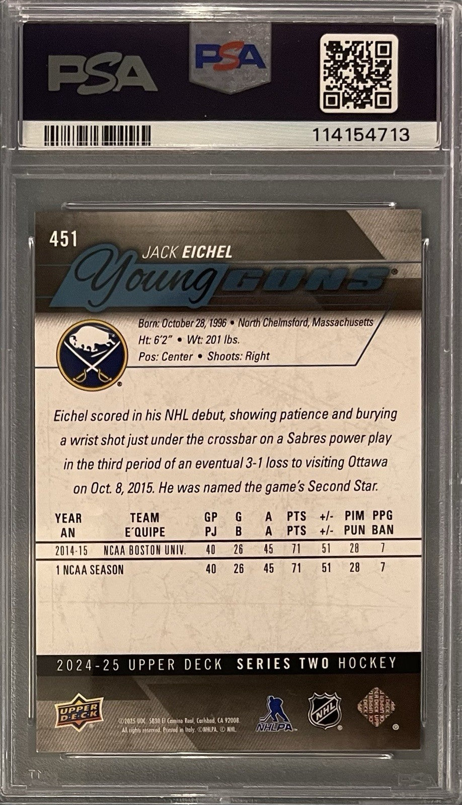 2024-25 Upper Deck Series 2 Hockey - Jack Eichel #451 - YOUNG GUNS RENEWED - PSA