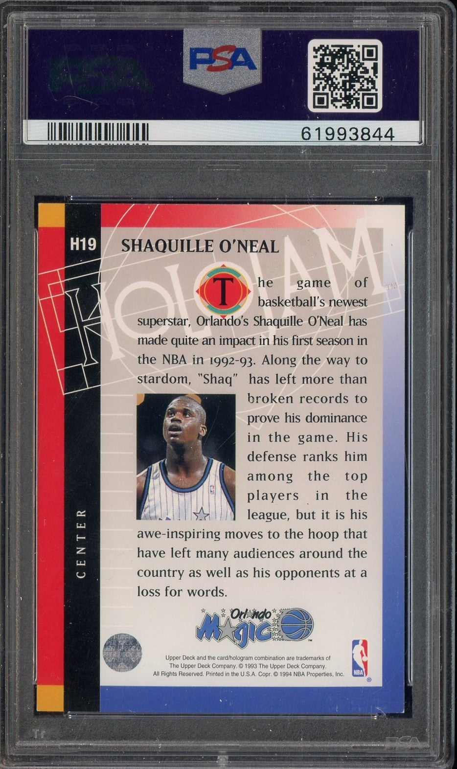 1993 Upper Deck - Shaquille O'Neal #H19 -  Magic HOF - Holojams - PSA - HOLOJAMS