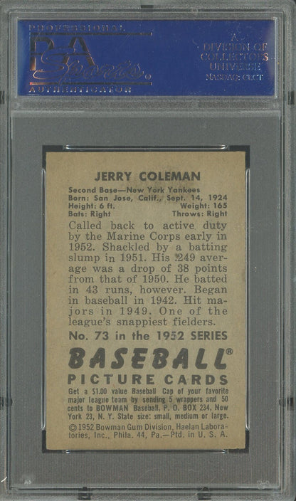 1952 Bowman Baseball - Jerry Coleman #73 - New York Yankees - PSA 6