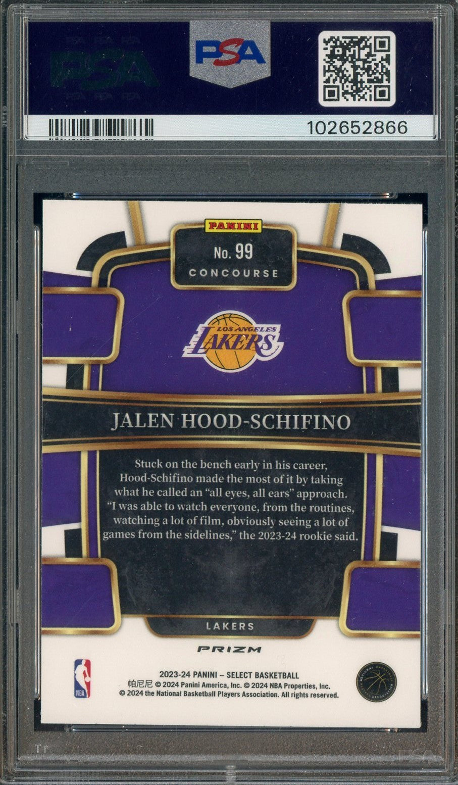 2023 Select - Jalen Hood-Schifino #99 - ROOKIE -  White Sparkle SSP - PSA 10