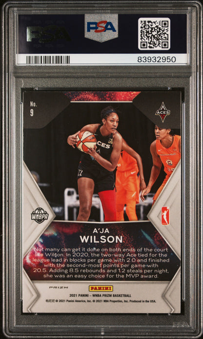 2021 Panini Prizm WNBA A'ja Wilson #9 Green Prizm Fireworks Insert PSA 9