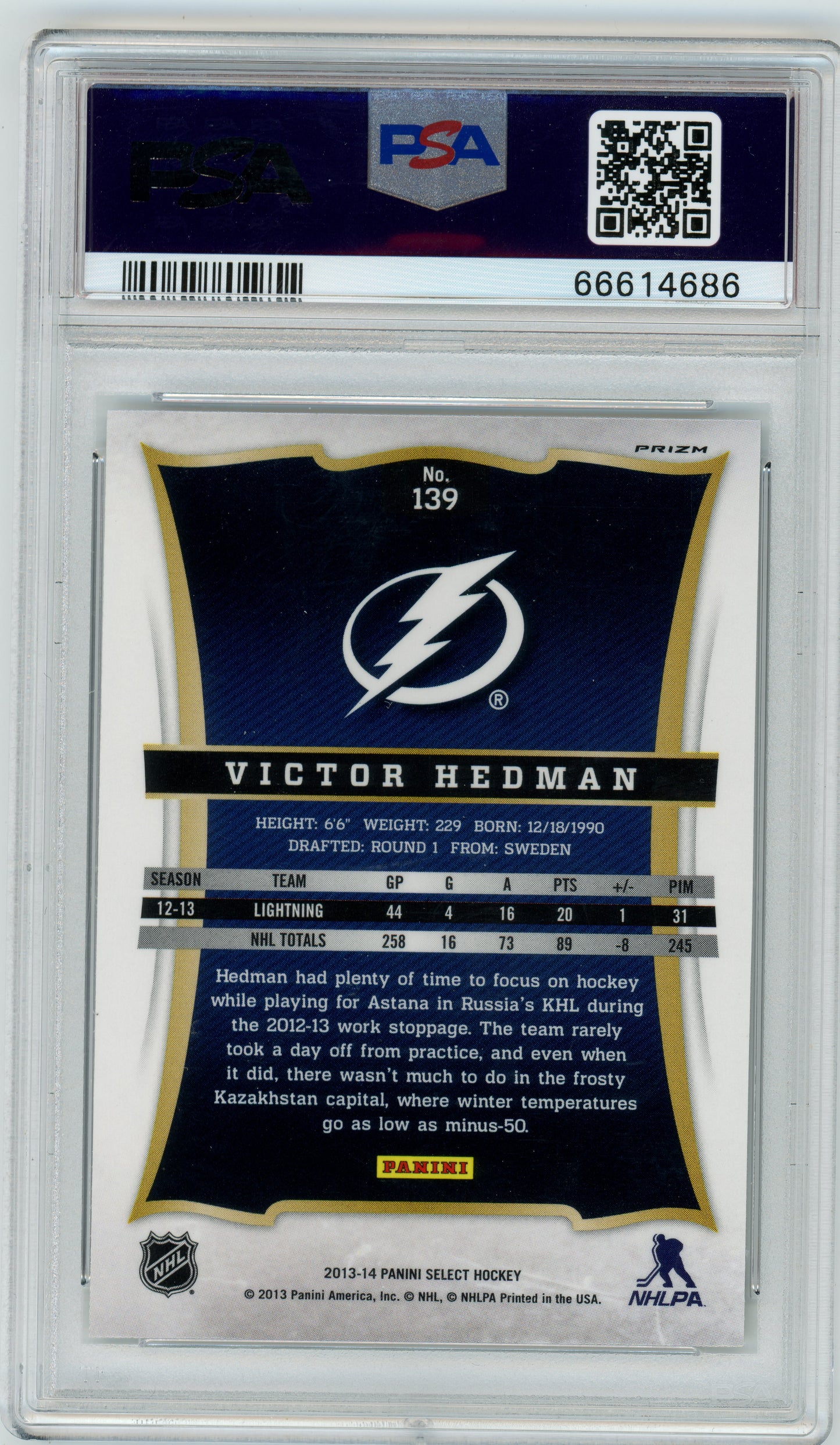 2013 Panini Select Hockey - Victor Hedman #139 - Prizm - PSA - Silver Prizm