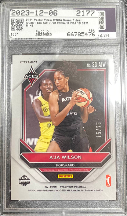 2021 Panini Prizm WNBA- A'ja Wilson - Signature - Green Pulsar AUTO /25 - PSA 10