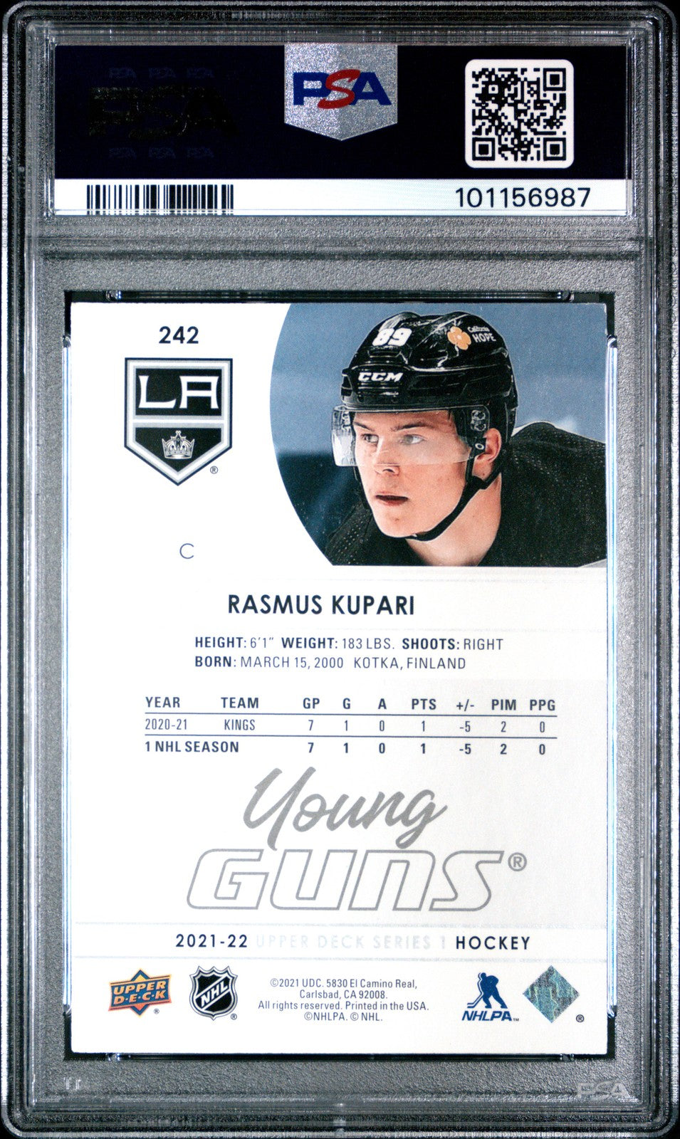 2021 Upper Deck Hockey - Rasmus Kupari - YOUNG GUNS #242 - YG - PSA - YG ROOKIE