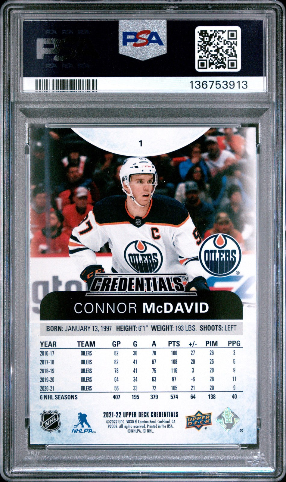 2021 Upper Deck Credentials Hockey - Connor McDavid #1 - Credentials - PSA