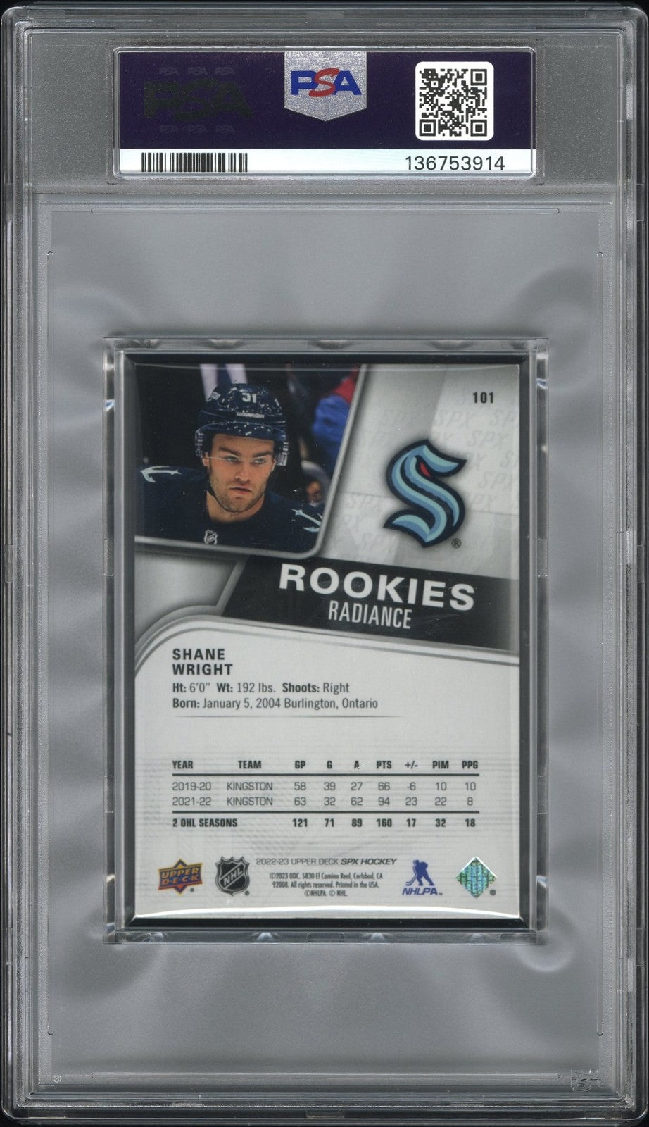 2022 SPx Hockey - Shane Wright #101 - RADIANCE ROOKIE /100 - PSA - ROOKIE /100