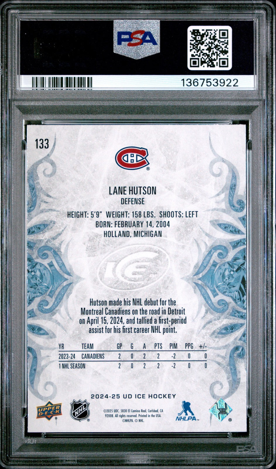 2024 Upper Deck ICE Hockey - Lane Hutson #133 - ROOKIE - PSA - ROOKIE