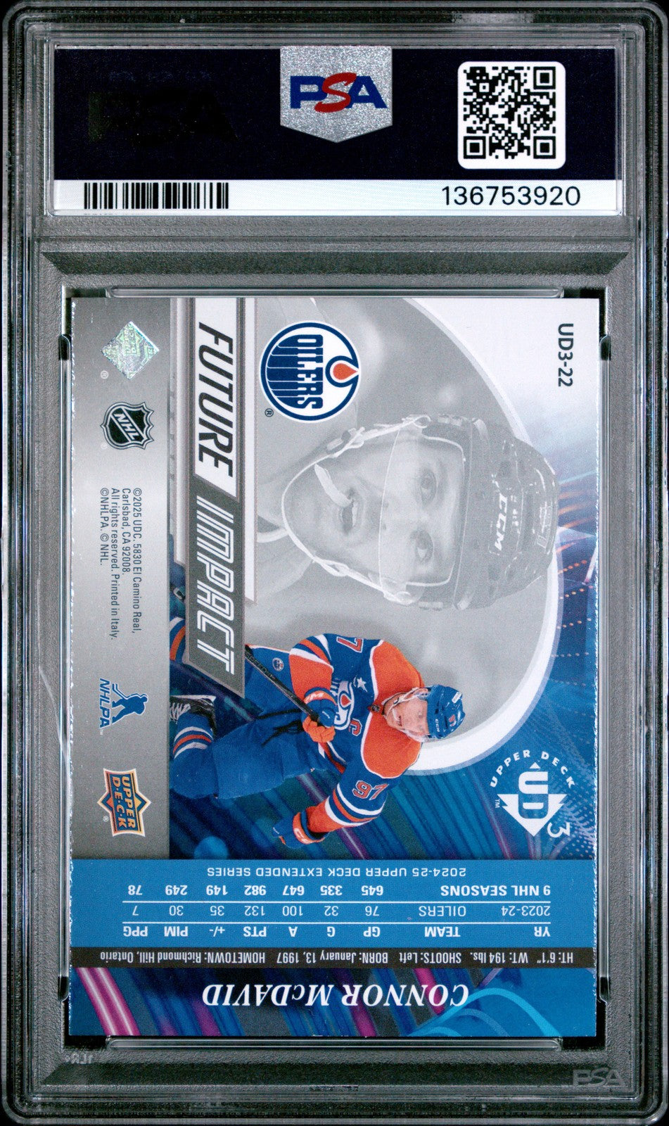 2024 Upper Deck Hockey - Connor McDavid #UD3-22 - UD3 FUTURE IMPACT - PSA