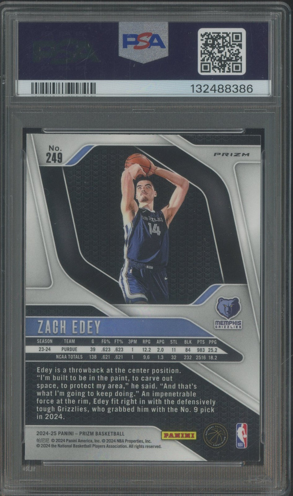 2024 Panini Prizm - Zach Edey -  Silver Prizm #249- Rookie - PSA - ROOKIE SILVER