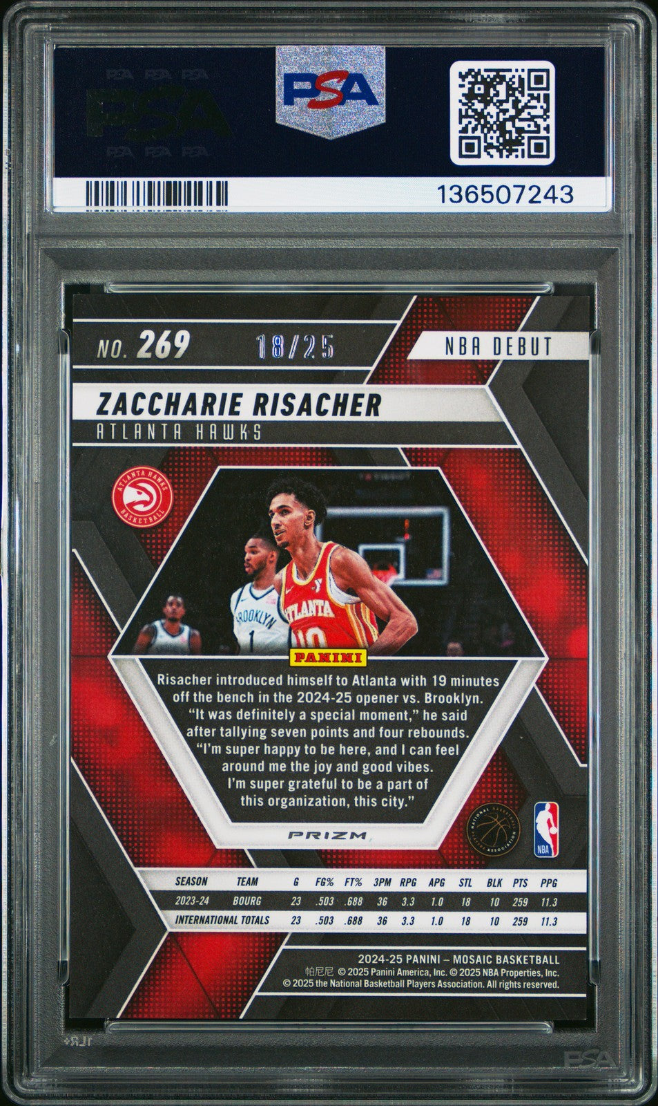2024 Mosaic - Zaccharie Risacher - Orange Fluoresescent /25 - PSA - ROOKIE /25