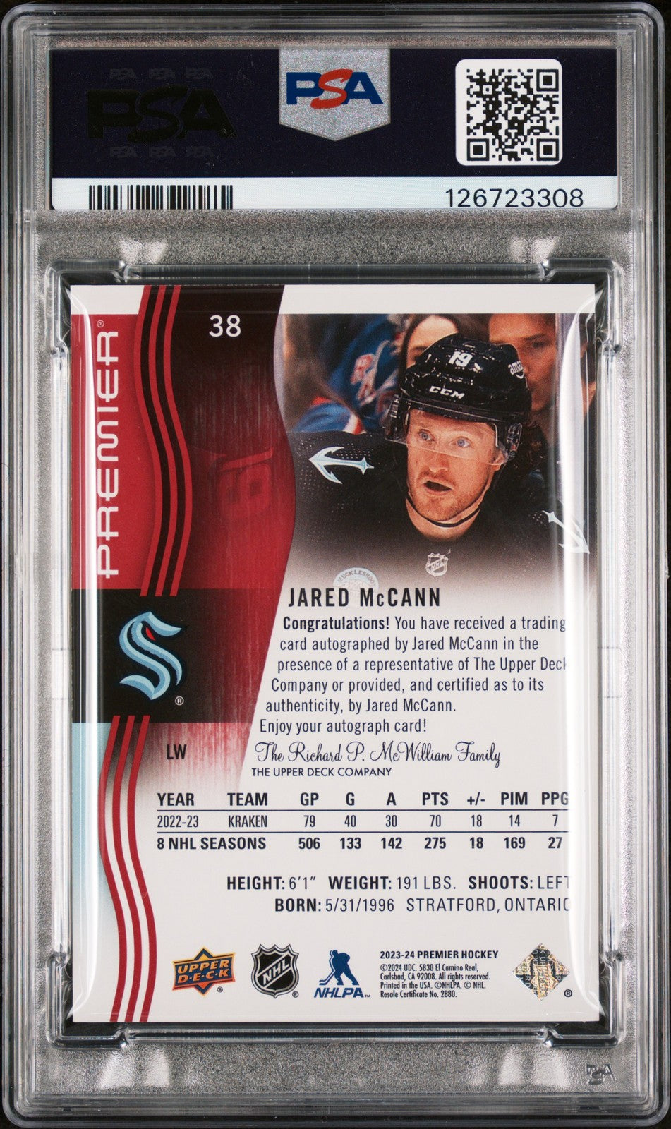 2023 Upper Deck Premier Hockey - Jared McCann - AUTOGRAPH - PSA - Premier Auto