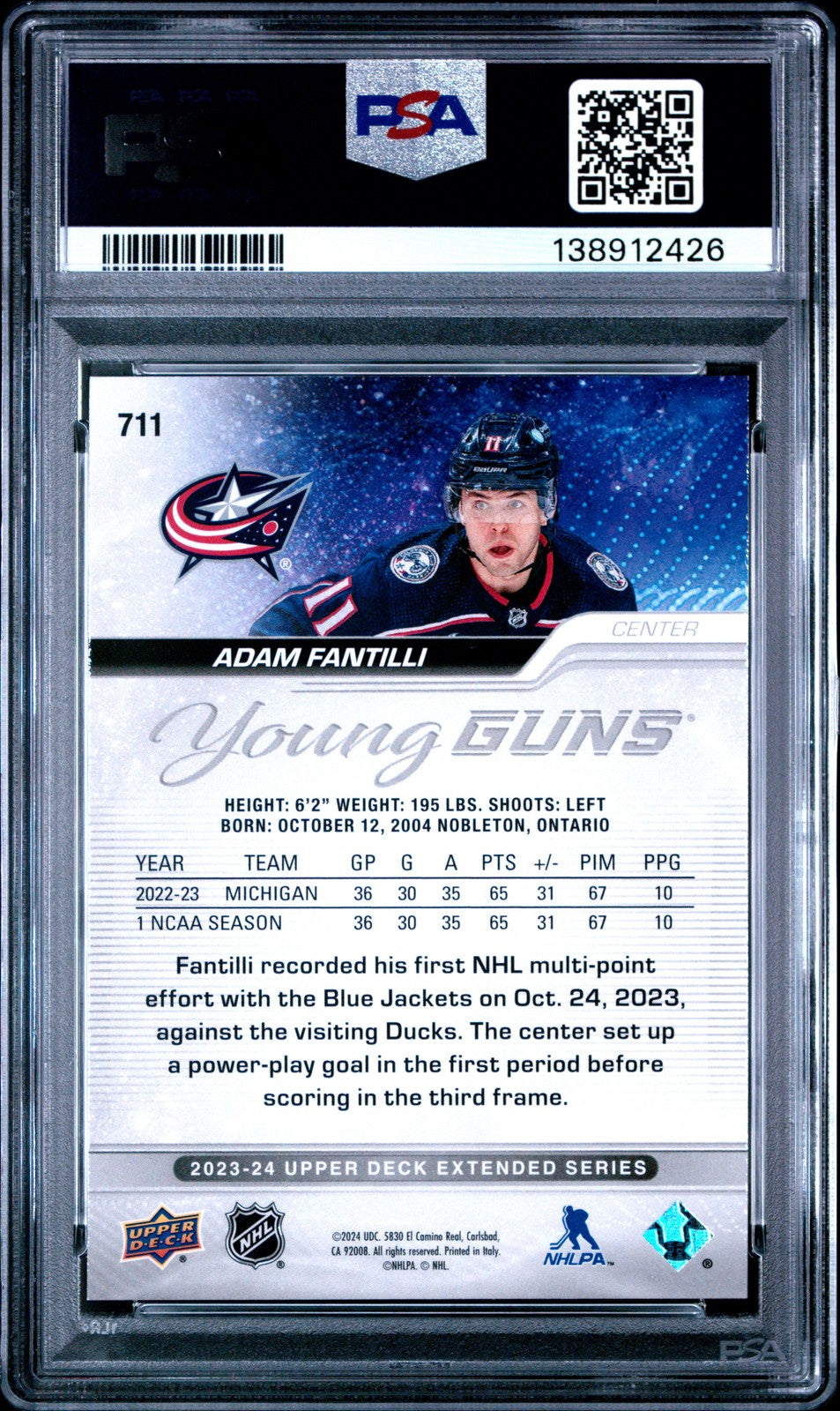 2023 Upper Deck Hockey - Adam Fantilli #711 - Young Guns - YG ROOKIE - PSA