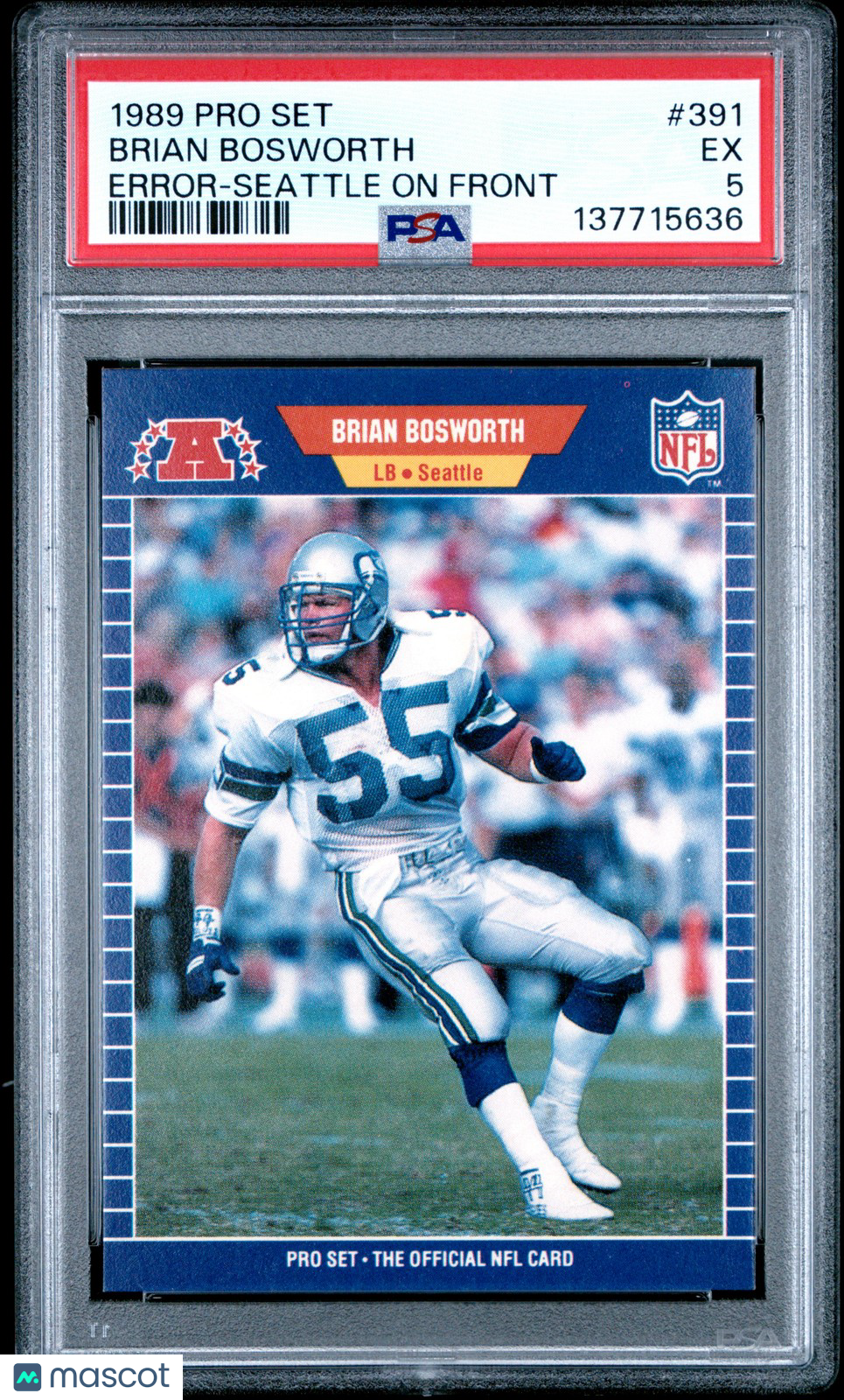1989 Pro Set NFL- Brian Bosworth #391 - ERROR-SEATTLE ON FRONT - PSA - Error Boz