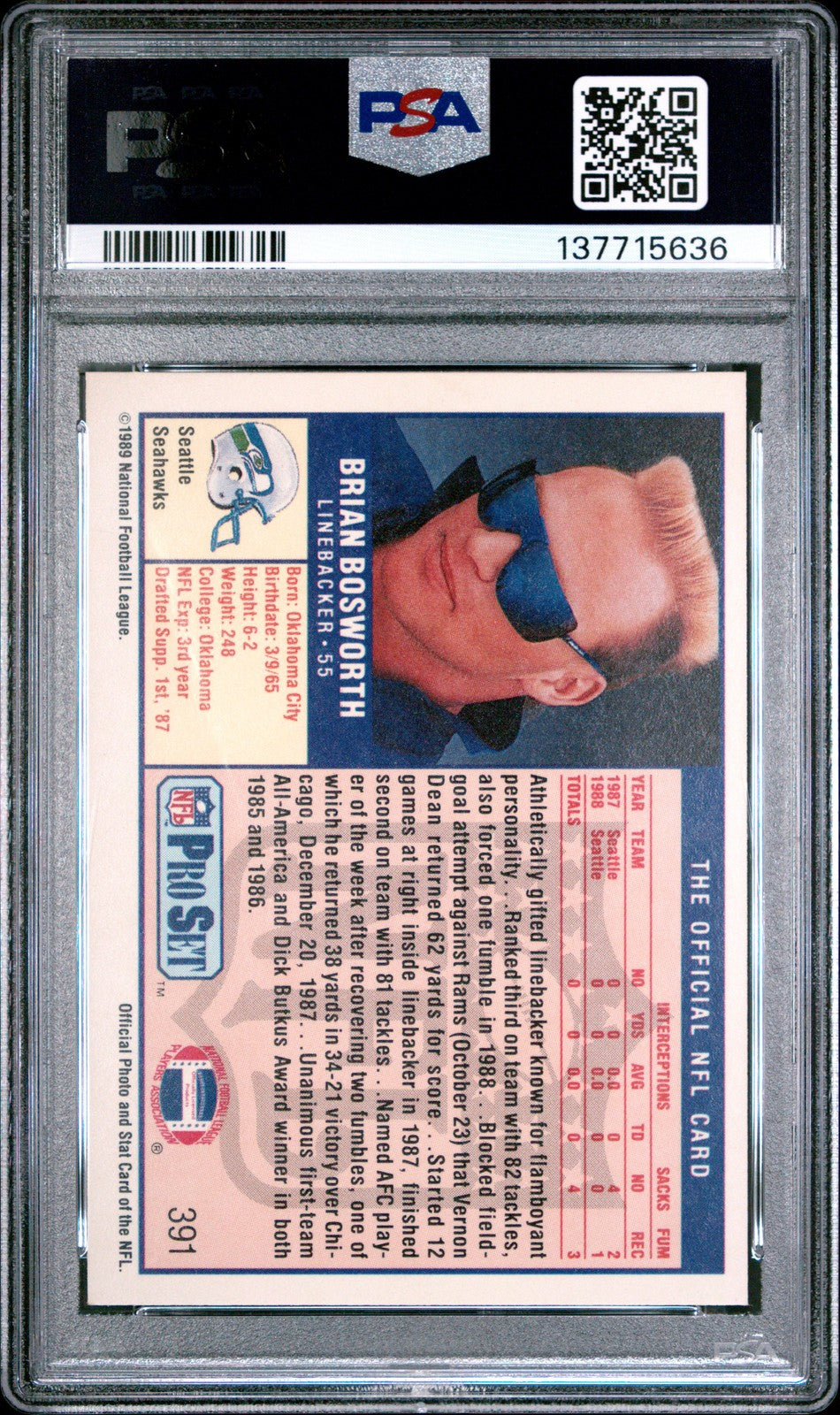 1989 Pro Set NFL- Brian Bosworth #391 - ERROR-SEATTLE ON FRONT - PSA - Error Boz