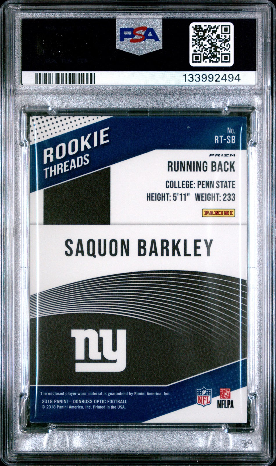 2018 Panini Donruss Optic - SAQUON BARKLEY - ROOKIE THREADS - Player Worn - PSA