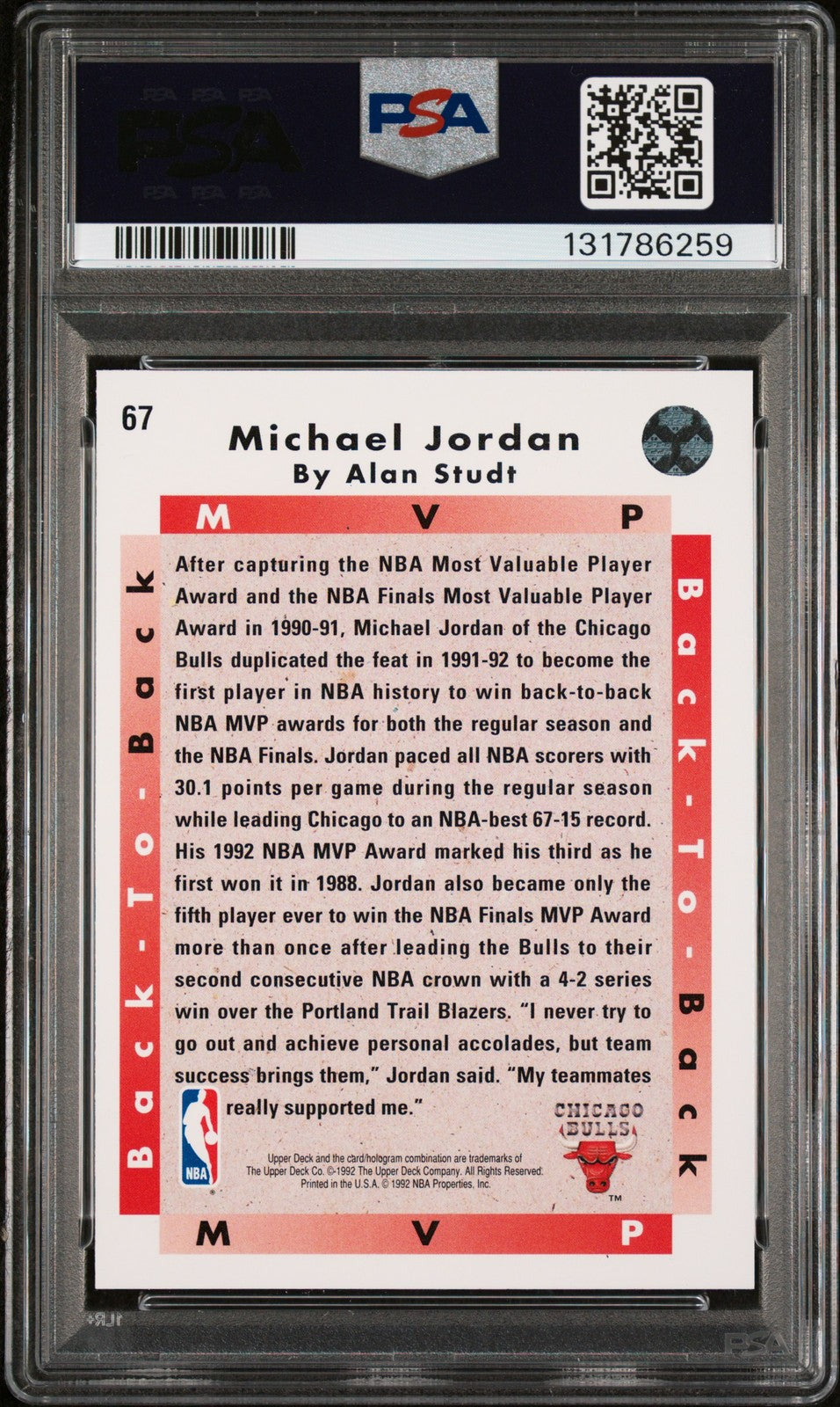 1992 UPPER DECK NBA - MICHAEL JORDAN #67 - MVP - Back-to-Back MVPs - PSA 8