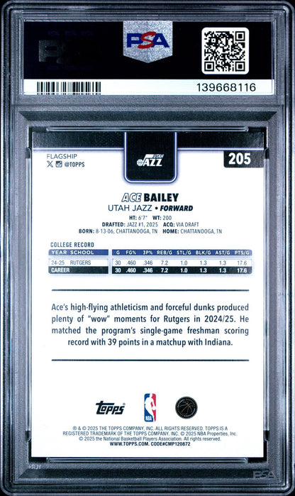 2025 TOPPS - Ace Bailey #205 - ROOKIE - PURPLE RAINBOW /250 - PSA - ROOKIE /250