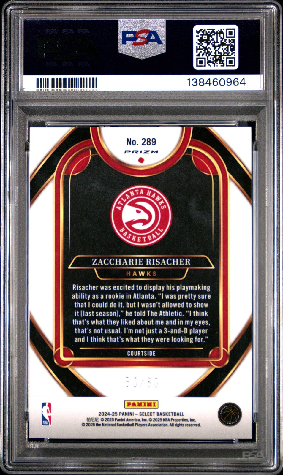 2024 Panini Select- Zaccharie Risacher- ROOKIE - Green Wave 50/50 - PSA - ROOKIE