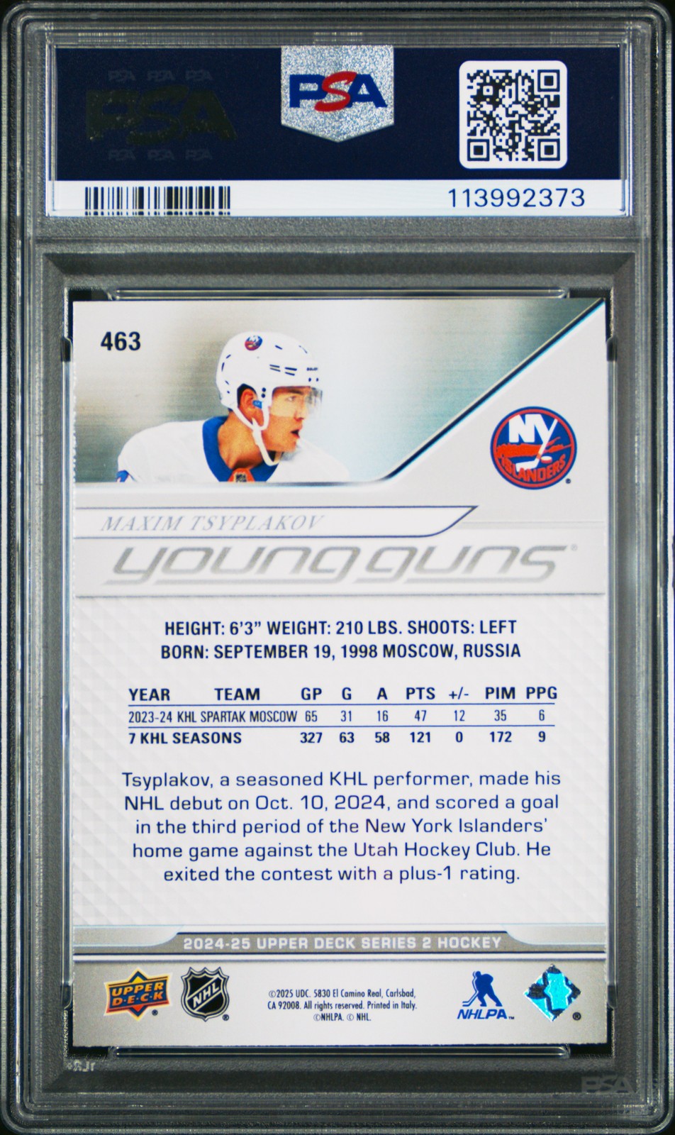 2024 Upper Deck Hockey - MAXIM TSYPLAKOV #463 - Young Guns ROOKIE - PSA