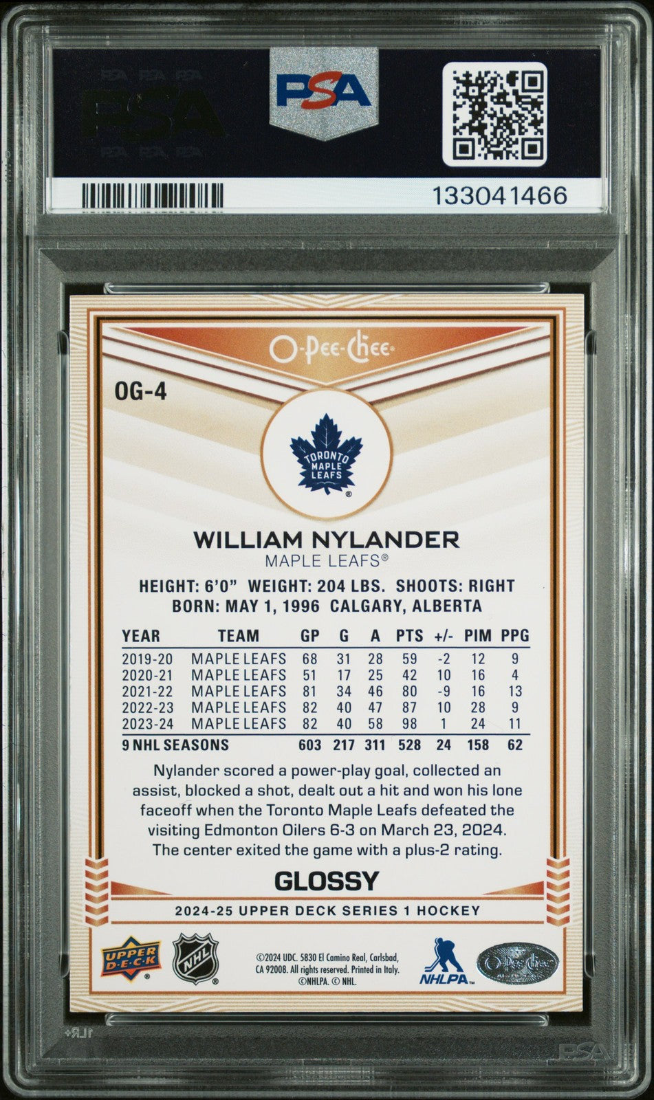 2024 Upper Deck Hockey - WILLIAM NYLANDER #OG4 -  O-PEE-CHEE GLOSSY - PSA