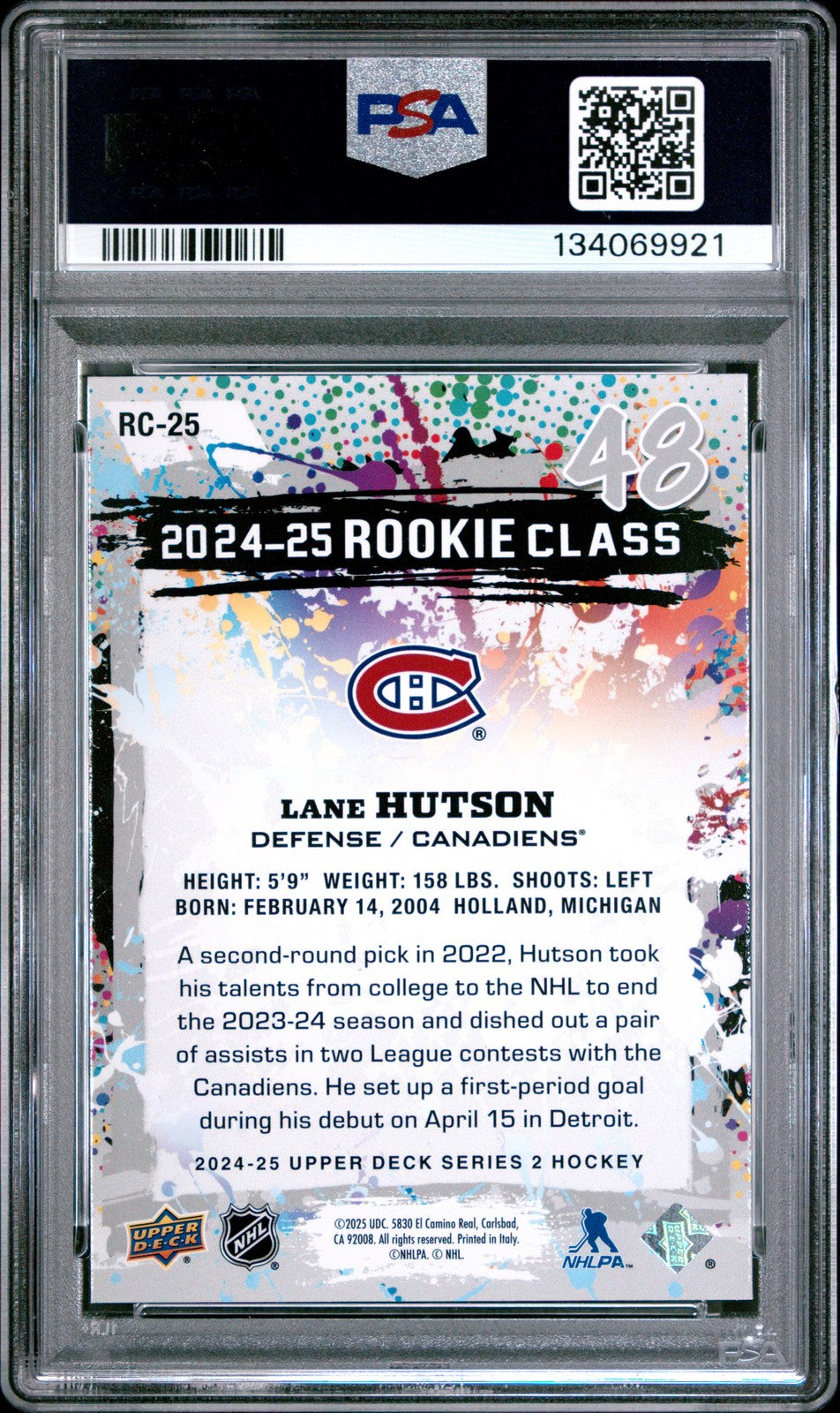 2024 Upper Deck Hockey - LANE HUTSON #RC25 -  ROOKIE COMMEMORATIVE CLASS - PSA