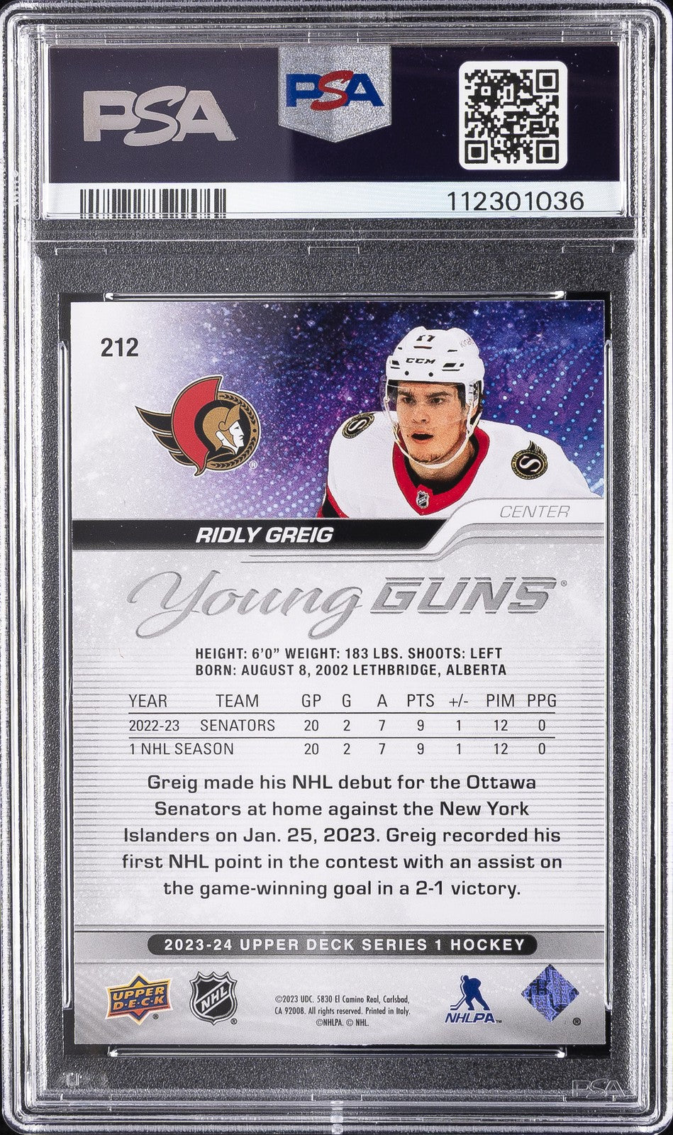 2023 Upper Deck Hockey - RIDLY GREIG #212 - Young Guns ROOKIE - PSA