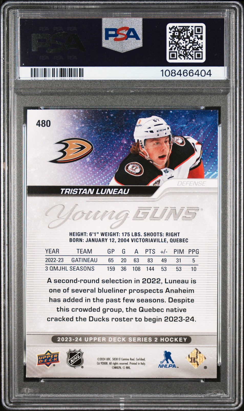2023 Upper Deck Hockey - TRISTAN LUNEAU #480 - Young Guns ROOKIE - PSA
