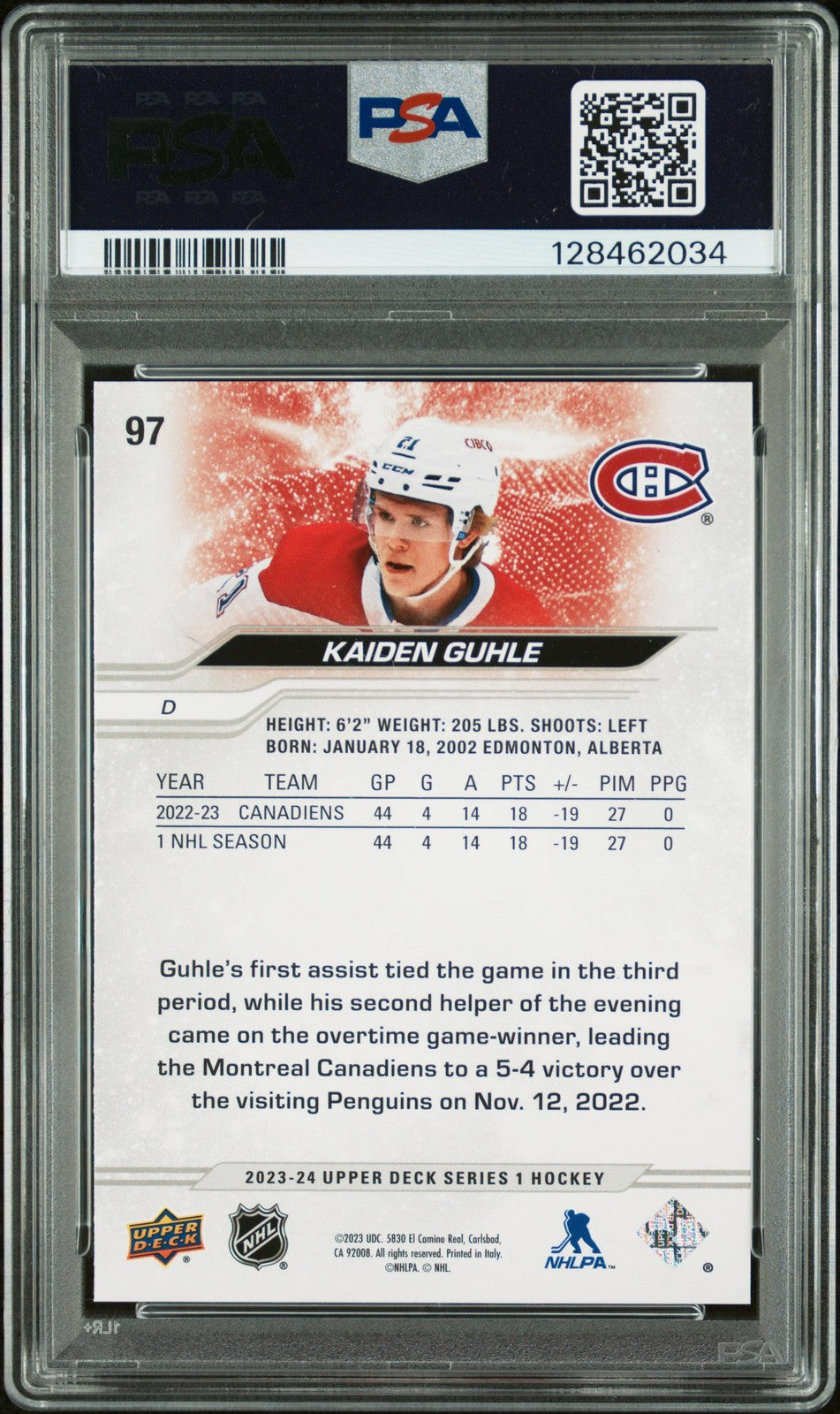 2023 Upper Deck Hockey - KAIDEN GUHLE #97 - OUTBURST - PSA - Silver Outburst