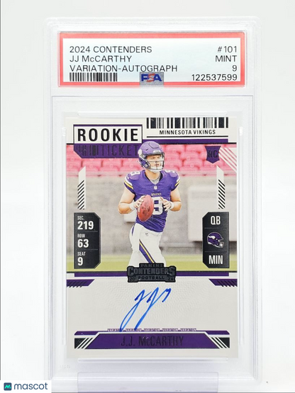 2024 Panini Contenders- JJ Mccarthy - ROOKIE AUTOb -Variation ON CARD AUTO - PSA