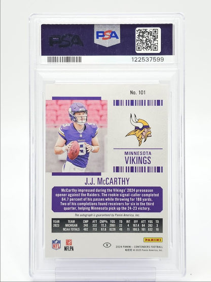 2024 Panini Contenders- JJ Mccarthy - ROOKIE AUTOb -Variation ON CARD AUTO - PSA