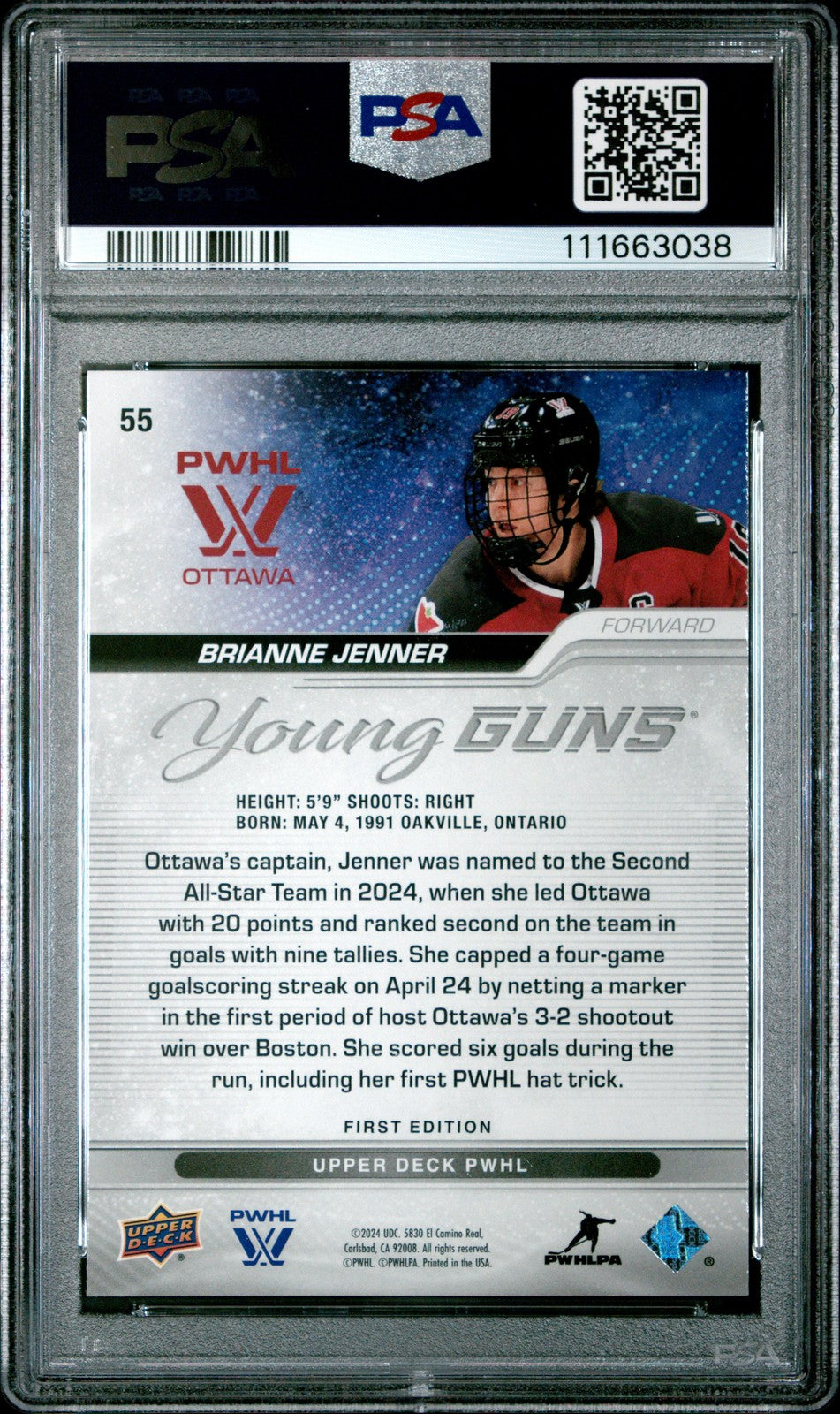 2024 Upper Deck PWHL 1ST EDITION - Brianne Jenner #55 - Young Guns ROOKIE - PSA