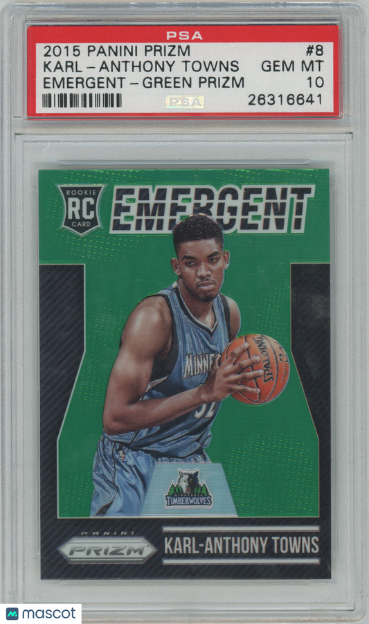 2015 Panini Prizm - Emergent #8 - Karl-Anthony Towns - Green ROOKIE - PSA 10