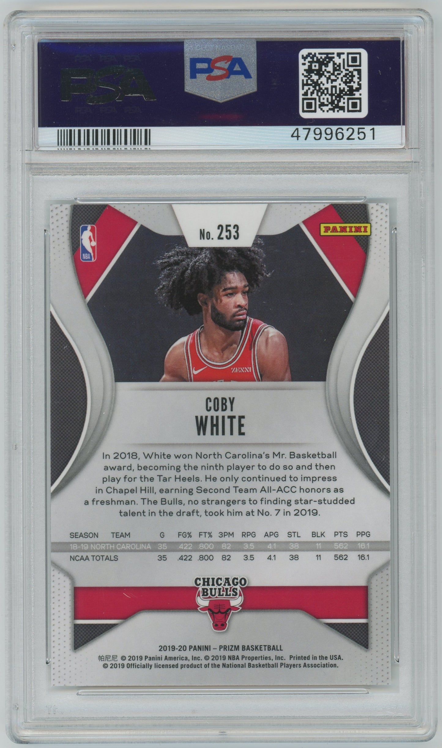 2019 Panini Prizm Coby White ROOKIE #253 PSA 9