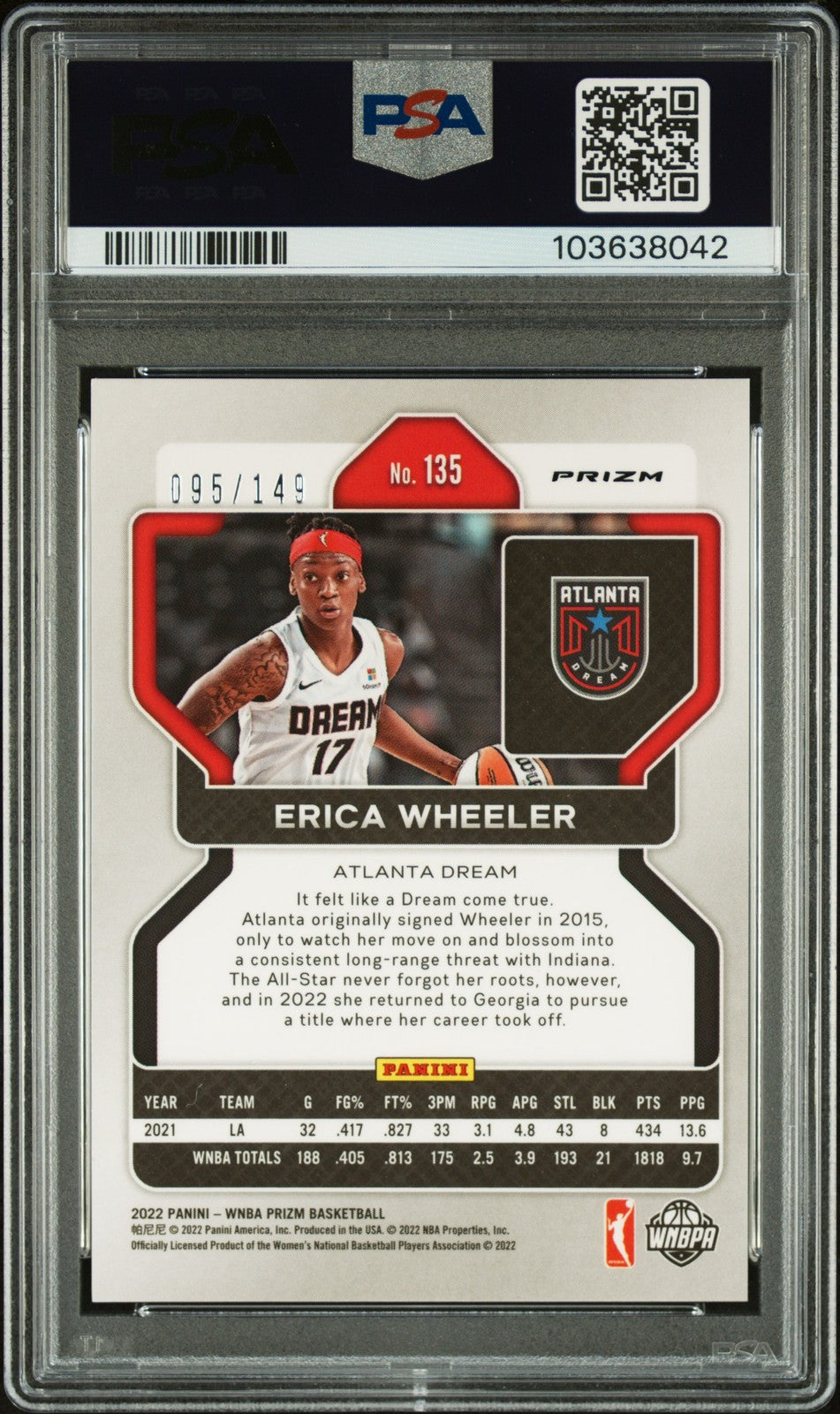 2022 Panini Prizm WNBA - ERICA WHEELER #135 - Blue Prizm /149 - PSA - /149