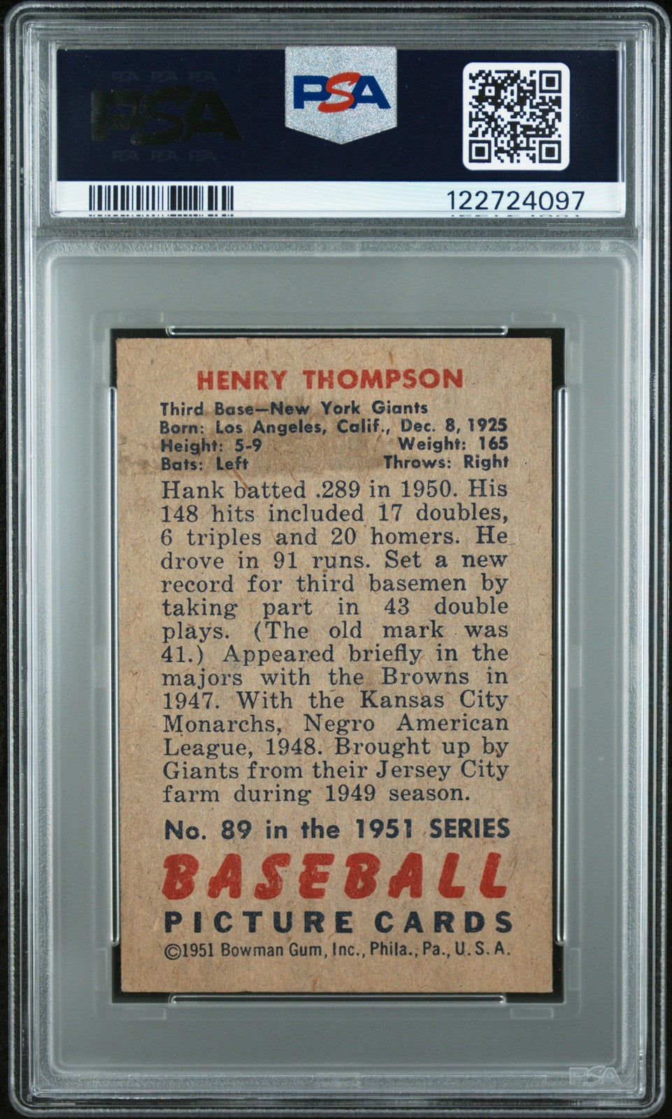 1951 Bowman Baseball MLB - HENRY THOMPSON #89 - PSA 4