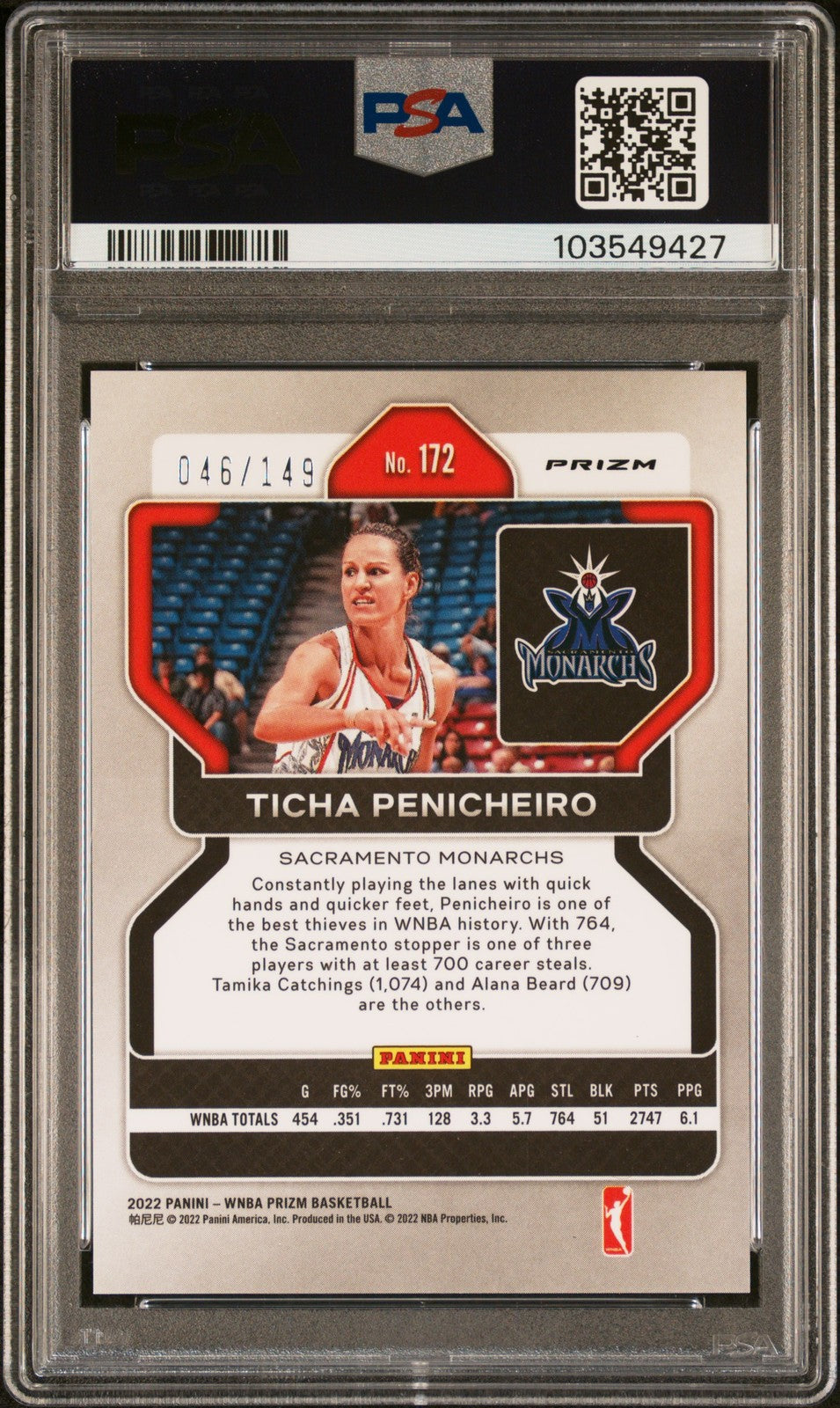 2022 Panini Prizm WNBA - TICHA PENICHEIRO #172 - Blue Prizm /149 - PSA 9 - /149