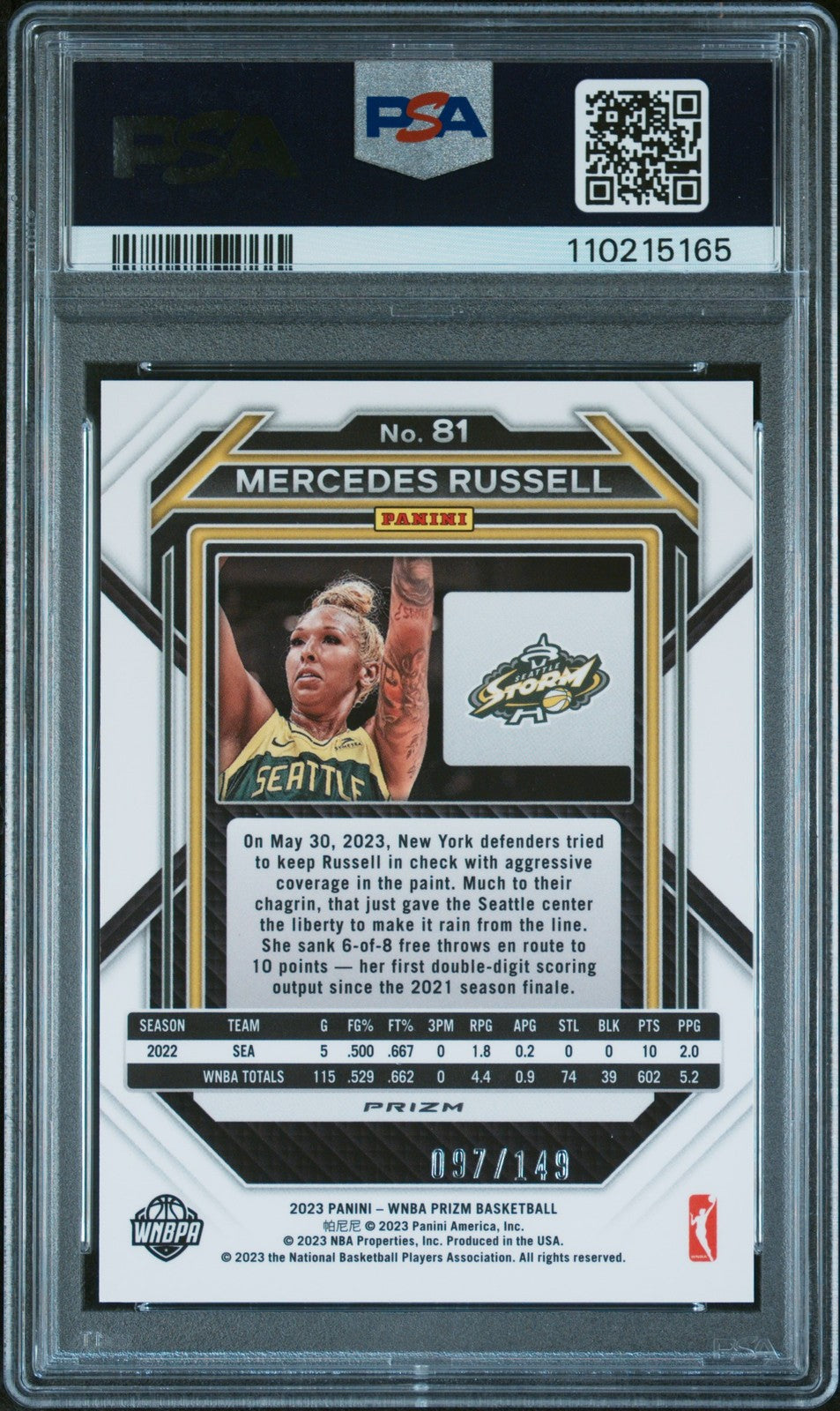 2023 Panini Prizm WNBA - MERCEDES RUSSELL #81 - Purple Prizm /149 - PSA - /149