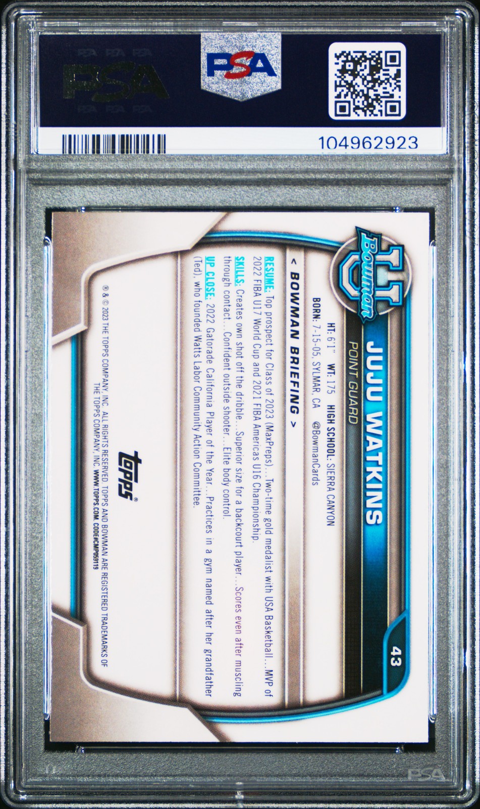 2022 Bowman Chrome University - JUJU WATKINS #43 - 1st Bowman - PSA - 1st Bowman