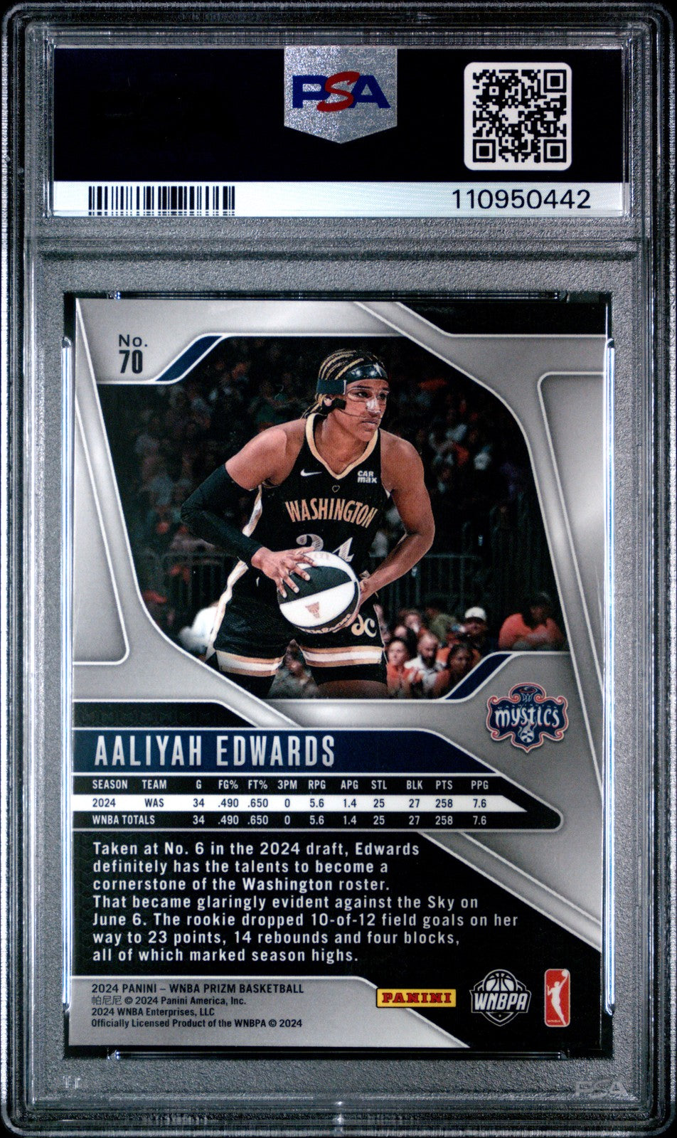 2024 Panini Prizm WNBA- AALIYAH EDWARDS #70 - Rookie - PSA 8 - ROOKIE