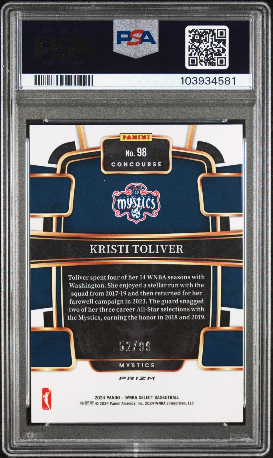 2024 Panini Select WNBA - KRISTI TOLIVER #98 - White Prizm /99 - PSA - /99