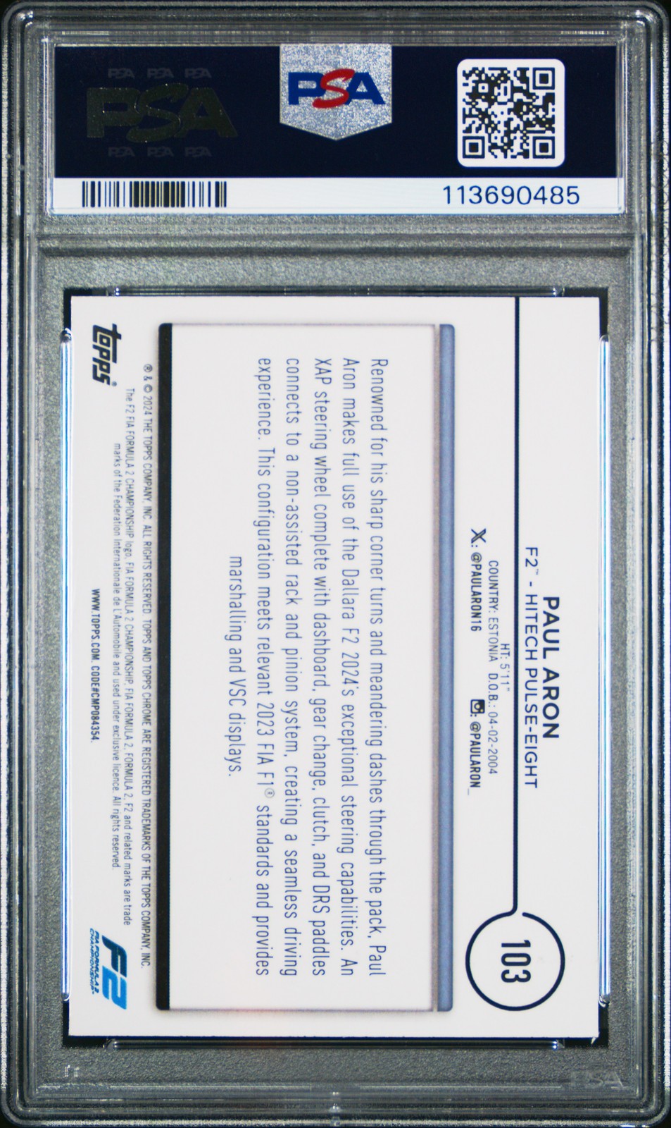 2024 Topps Chrome Formula 1 SAPPHIRE - PAUL ARON #103 - PSA - F1 PSA