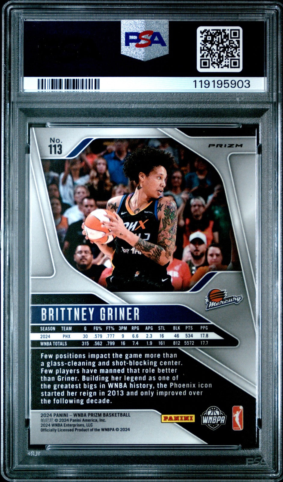 2024 Panini Prizm WNBA - BRITTNEY GRINER #113 - Blue Velocity - PSA 9