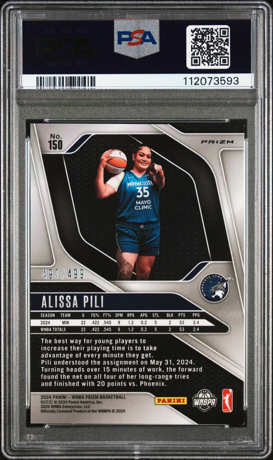 2024 Panini Prizm WNBA- ALISSA PILI #150- ROOKIE PULSAR /499 - PSA - Rookie /499