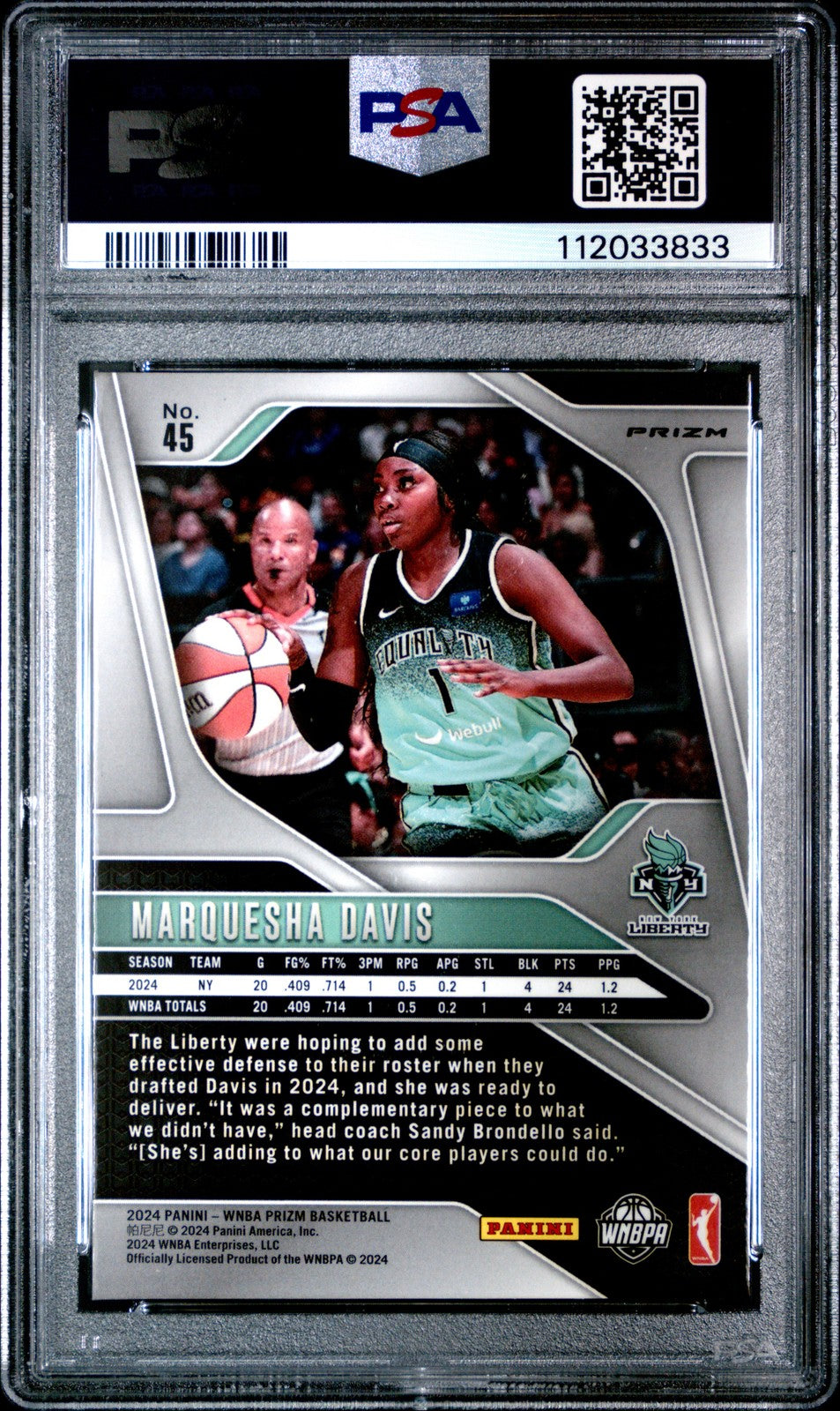 2024 Panini Prizm WNBA -MARQUESHA DAVIS #45 - Ice Rookie - PSA 8 - Ice ROOKIE