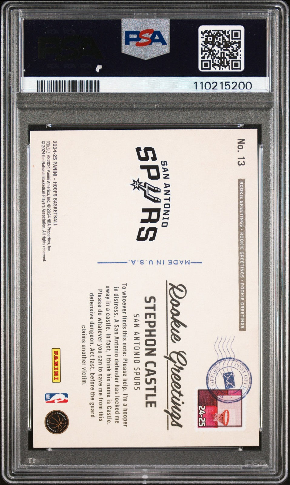 2024 Panini NBA Hoops - Stephon Castle #13b - ROOKIE GREETINGS - PSA - ROOKIE