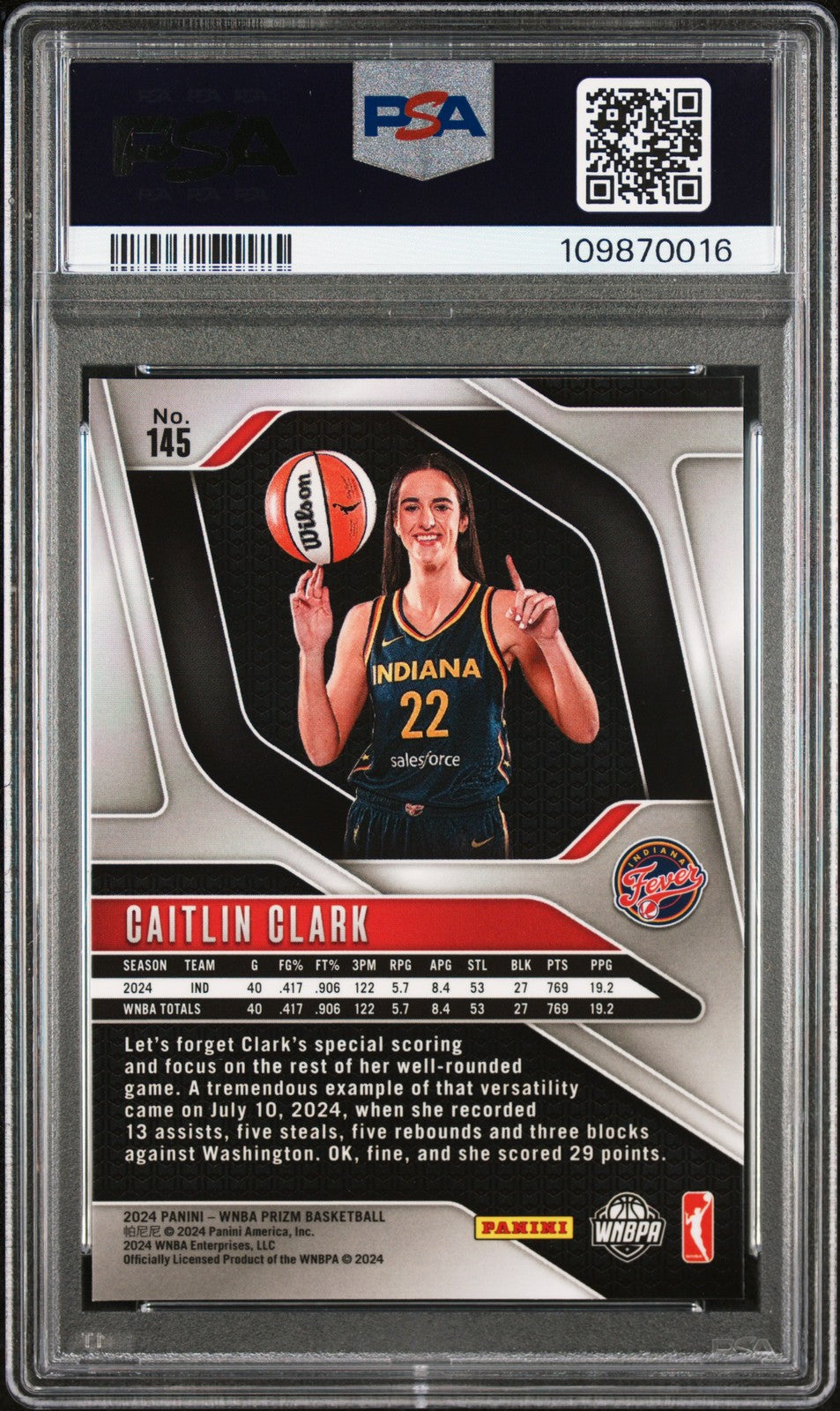 2024 Panini Prizm WNBA - CAITLIN CLARK #145 - Rookie - PSA - ROOKIE